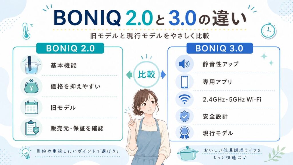 BONIQ 2.0と3.0の価格、静音性、アプリ、Wi-Fi、安全設計の違い