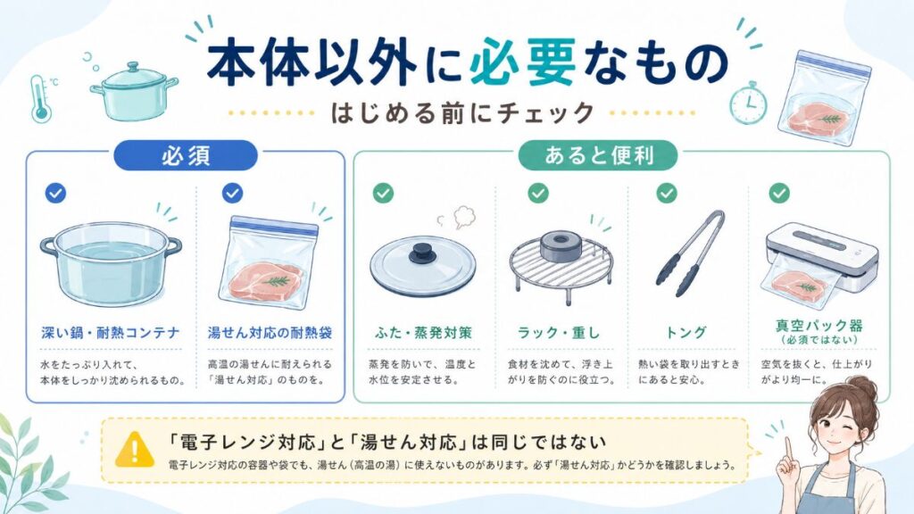 低温調理に必要な耐熱容器と湯せん対応袋、あると便利な道具