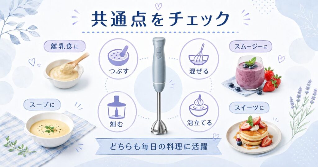 BRUNOとIHB-M301-Cに共通するつぶす・混ぜる・刻む・泡立てる機能