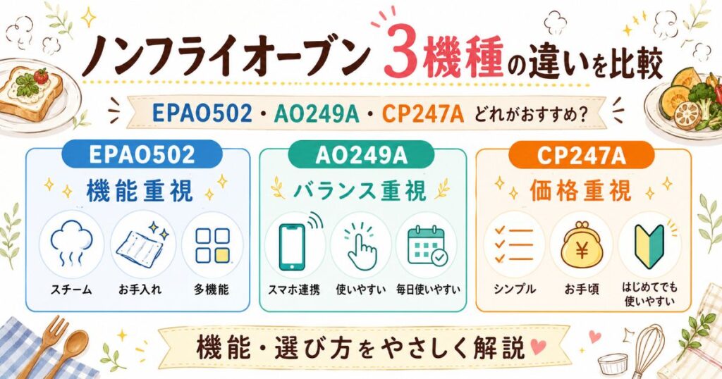 エペイオスのノンフライオーブン3機種の違いを比較したイメージ