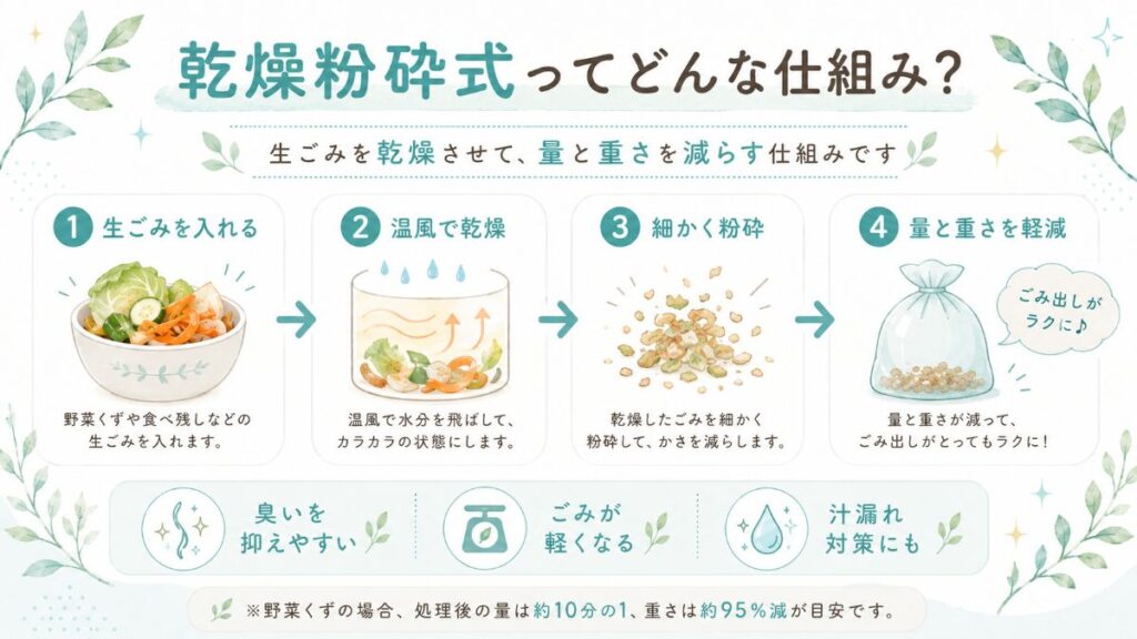 MS-N25が生ごみを温風で乾燥・粉砕して量と重さを減らす仕組み