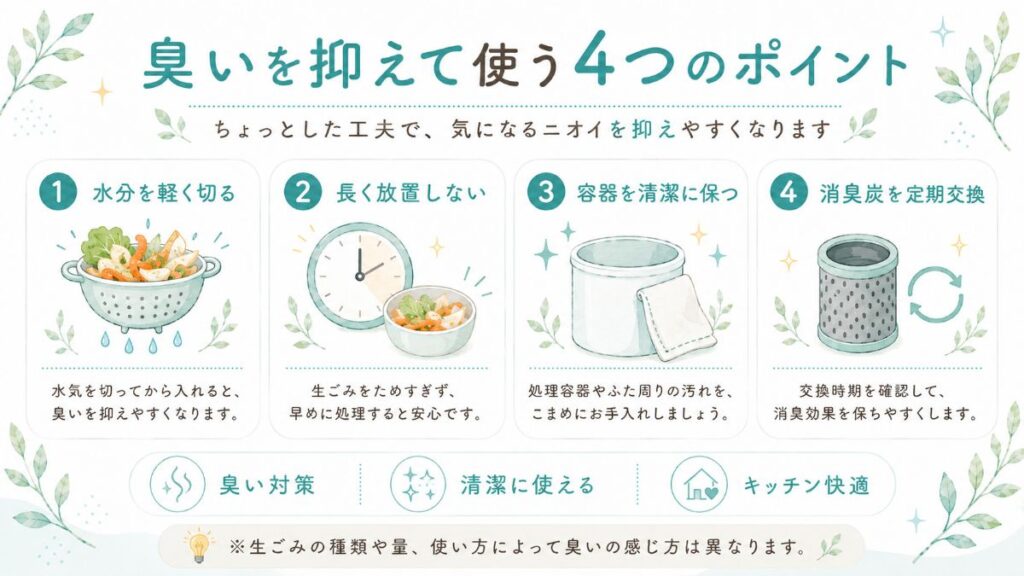 MS-N25の臭いを抑えるための水切り・早めの処理・清掃・消臭炭交換