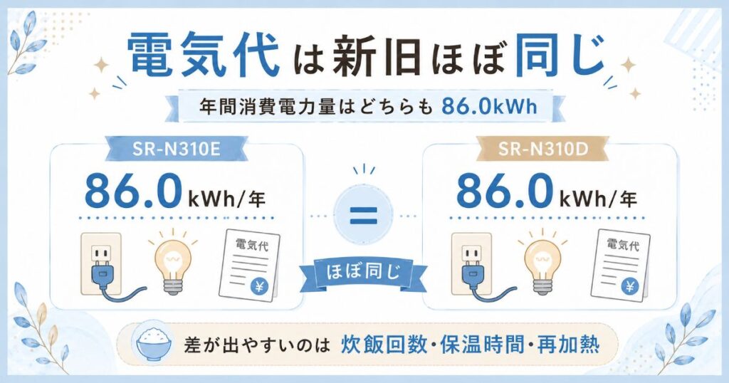 SR-N310EとSR-N310Dの電気代比較イメージ。年間消費電力量はどちらも86.0kWh