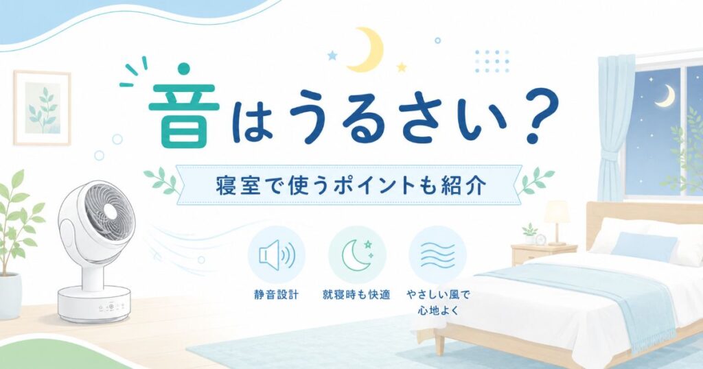 サーキュレーター扇風機の運転音と寝室での使い方を表したイラスト