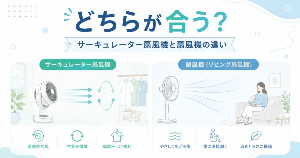 サーキュレーター扇風機と一般的な扇風機の風の違いを比較したイラスト