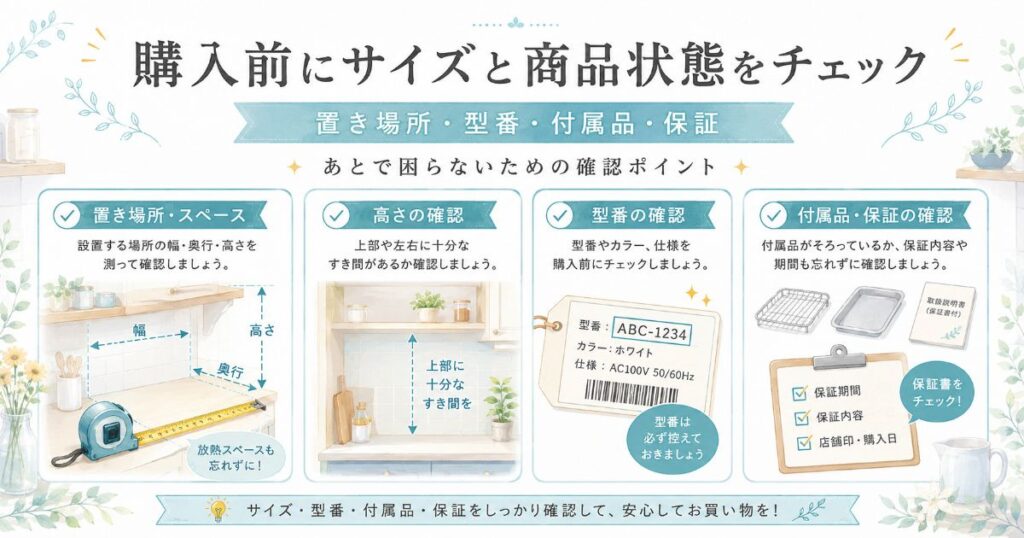 購入前に置き場所や型番、付属品、保証を確認するポイント