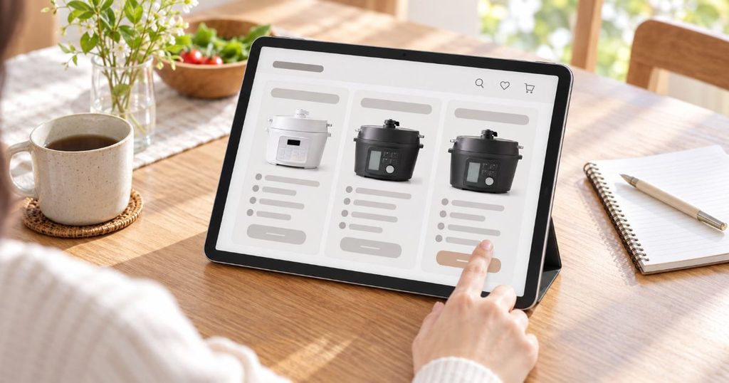 タブレット画面で白1台と黒2台の電気圧力鍋を比較している様子