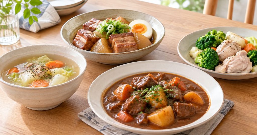 煮込み料理やスープなど複数の家庭料理を並べた食卓