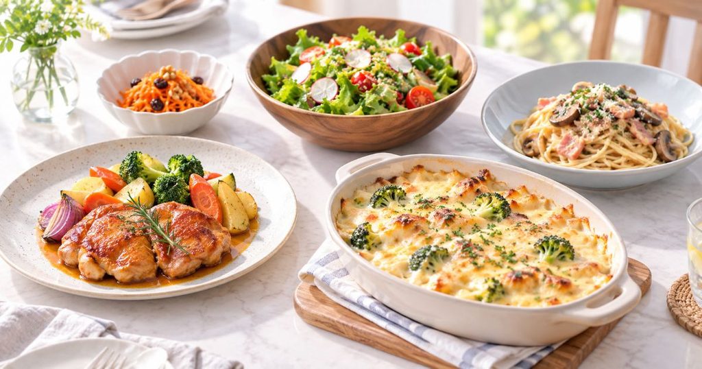 グラタンやパスタなど複数の家庭料理を並べた食卓