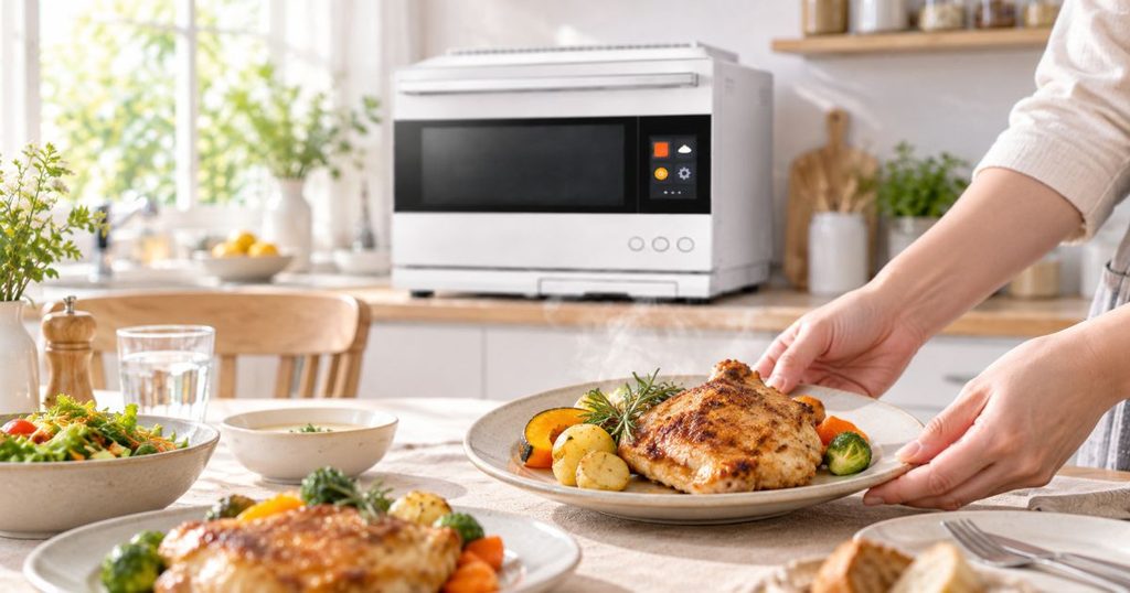 AX-LSX3Dを背景に温かい料理を配膳する手元