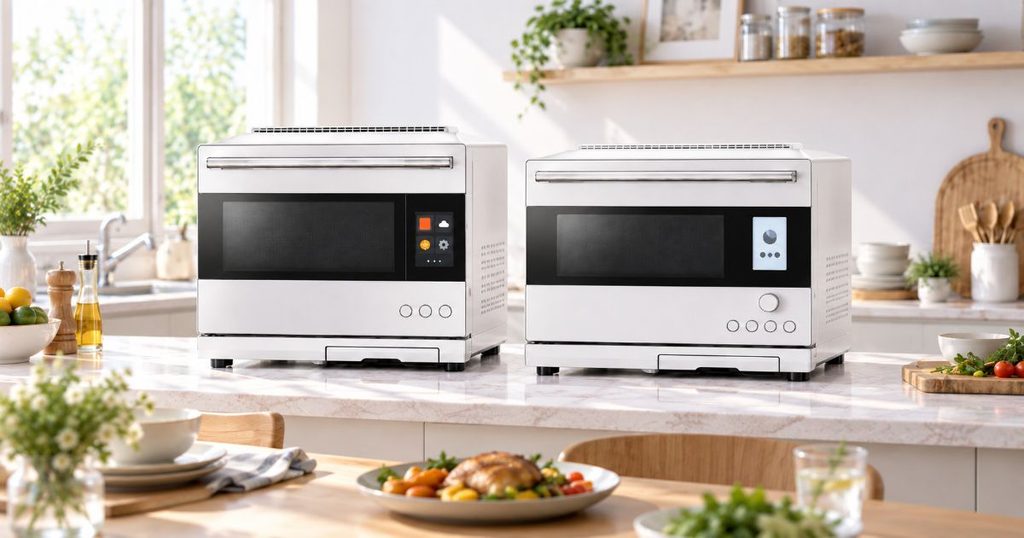 明るいキッチンに並ぶAX-LSX3DとAX-RS1Dと料理のある食卓