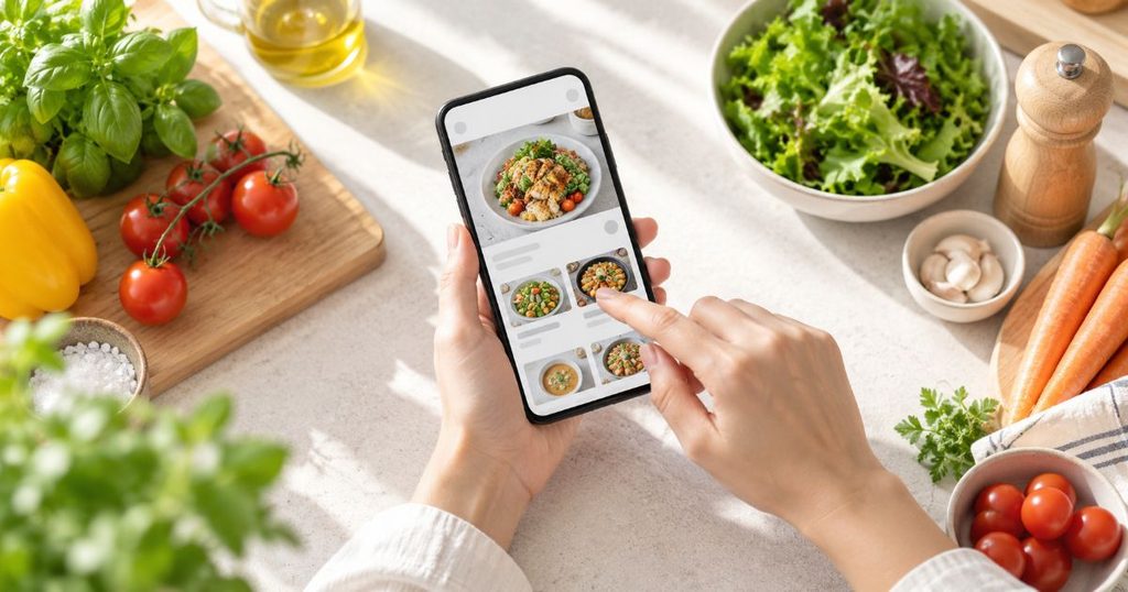 食材を前にスマートフォンでレシピを確認する手元