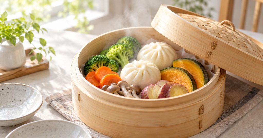 せいろに入った蒸し野菜と中華まん