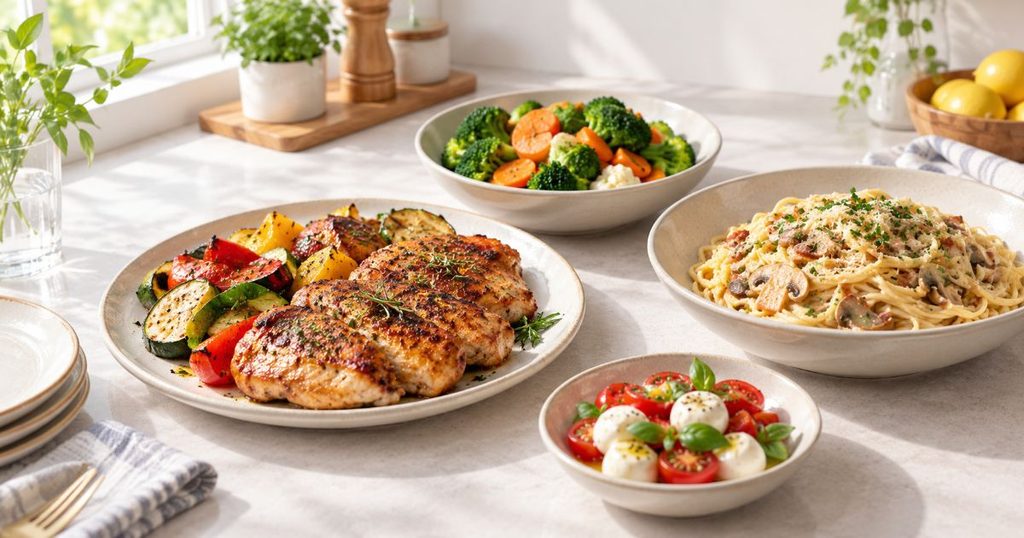 肉料理やパスタ、温野菜などを並べた家庭料理