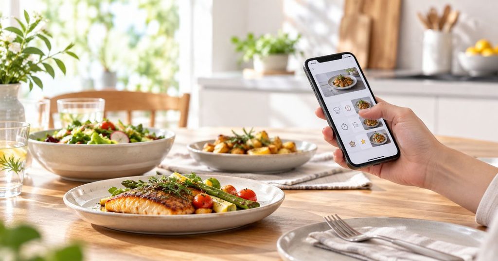家庭料理を前にスマートフォンを確認する手元