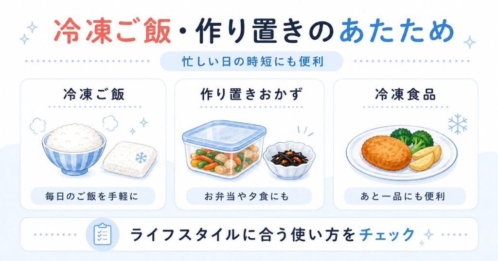 冷凍ご飯や作り置きおかず、冷凍食品のあたため方を紹介した図