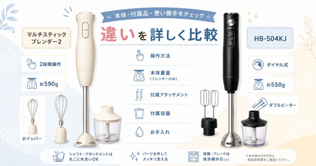 マルチスティックブレンダー2とHB-504KJの本体と付属品の比較