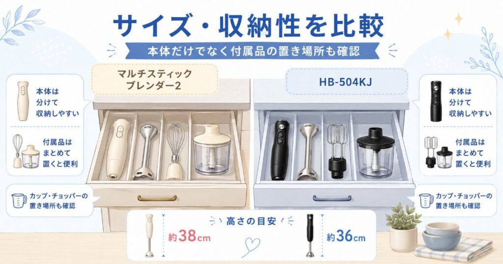 マルチスティックブレンダー2とHB-504KJのサイズと収納方法の比較