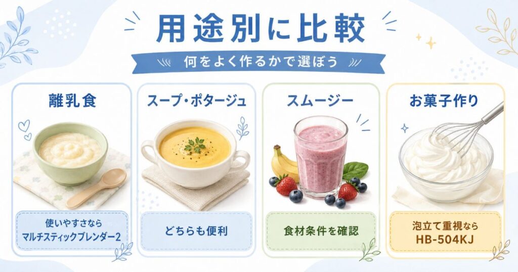 離乳食・スープ・スムージー・お菓子作りで2機種を比較
