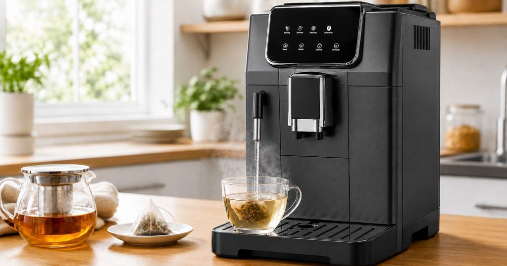 コーヒーマシンの給湯ノズルからティーカップへお湯を注ぐ様子