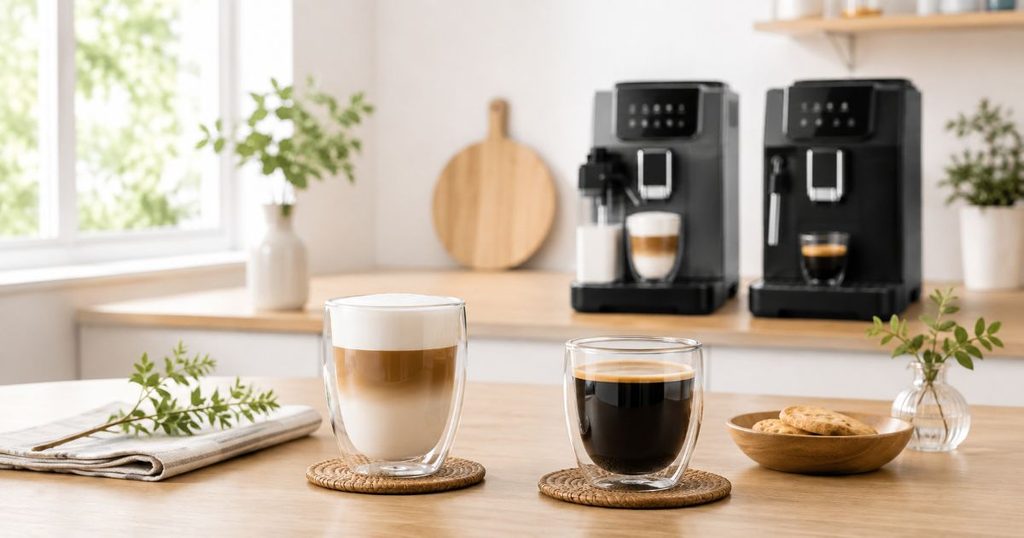 ラテとブラックコーヒーを並べた明るいキッチンのイメージ
