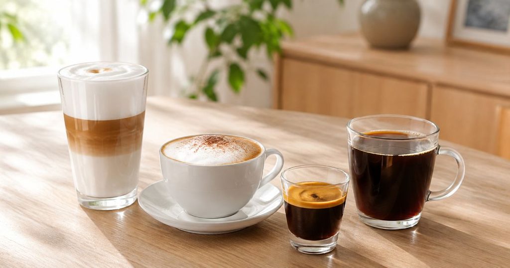 4種類のコーヒーとミルクメニューを並べた様子