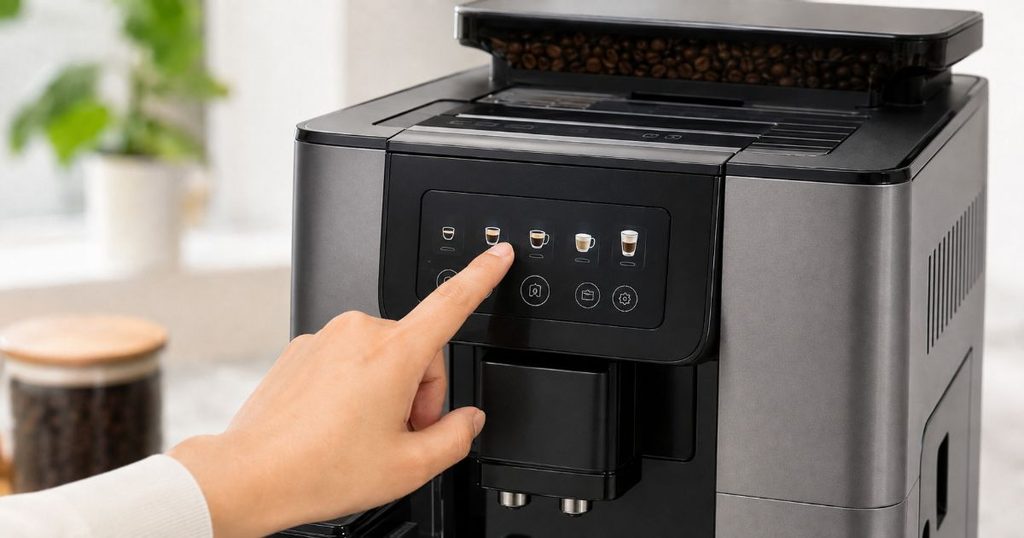 コーヒーマシンの操作パネルに触れる手元
