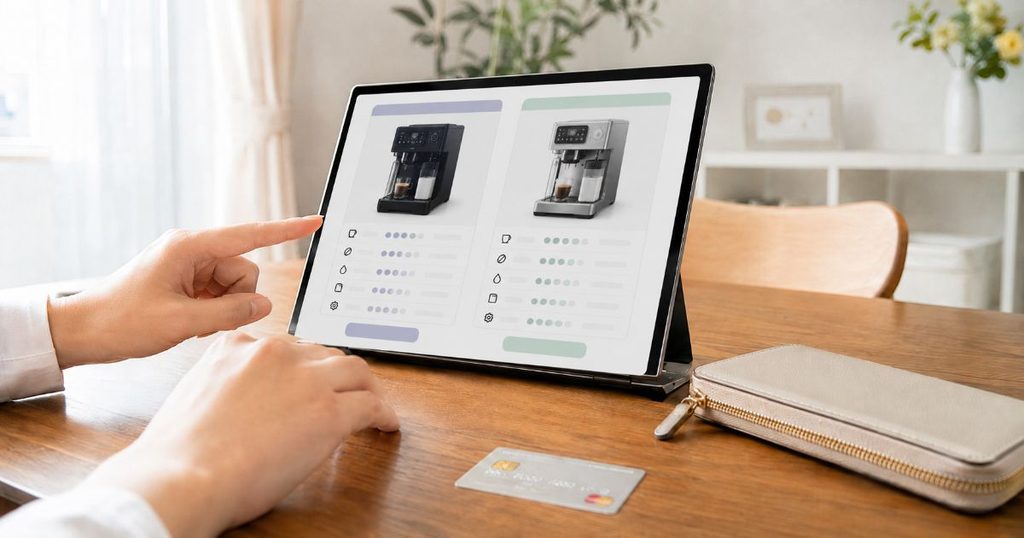 タブレットでコーヒーマシンを比較している様子