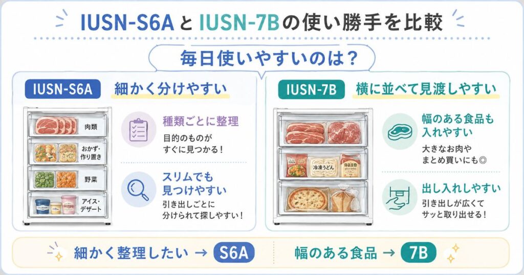 IUSN-S6AとIUSN-7Bの引き出し収納と使い勝手の比較
