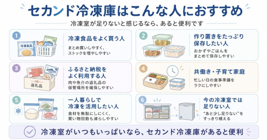セカンド冷凍庫がおすすめな人を6タイプに分けて紹介した図解