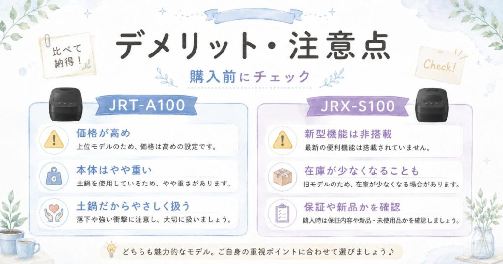 JRT-A100とJRX-S100のデメリットや購入前の注意点を比較して整理した画像