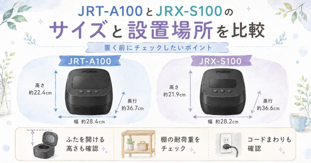 JRT-A100とJRX-S100のサイズや設置前に確認したいポイントをまとめた比較画像