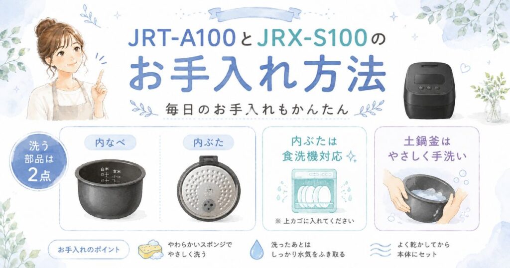 JRT-A100とJRX-S100のお手入れ方法や洗う部品、土鍋釜の扱い方をまとめた画像