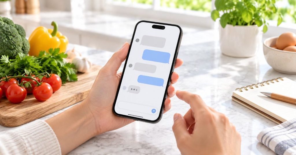 キッチンでスマートフォンのチャット画面を見ながら献立を考える様子