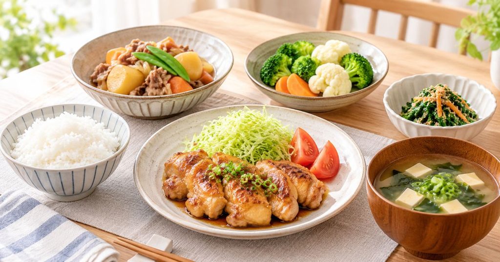 主菜や煮物、温野菜、汁物などを並べた家庭料理の食卓