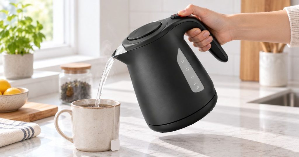 黒い電気ケトルを片手で持ちマグカップにお湯を注ぐ様子