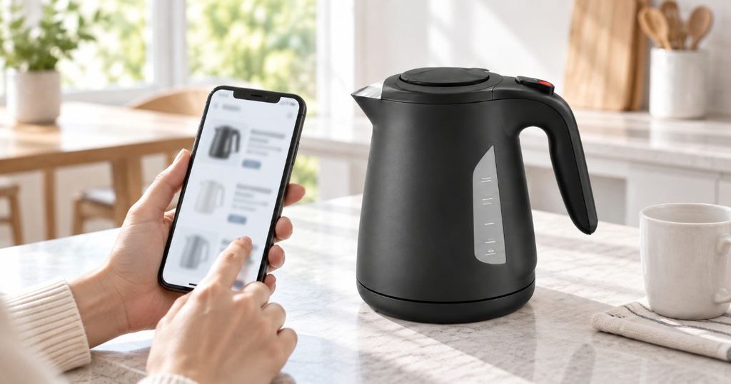 スマートフォンを見ながら黒い電気ケトルを検討する手元