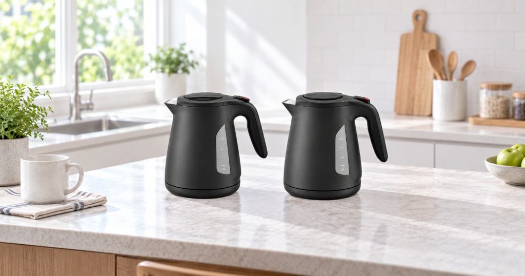 明るいキッチンに並んだ黒い電気ケトル2台