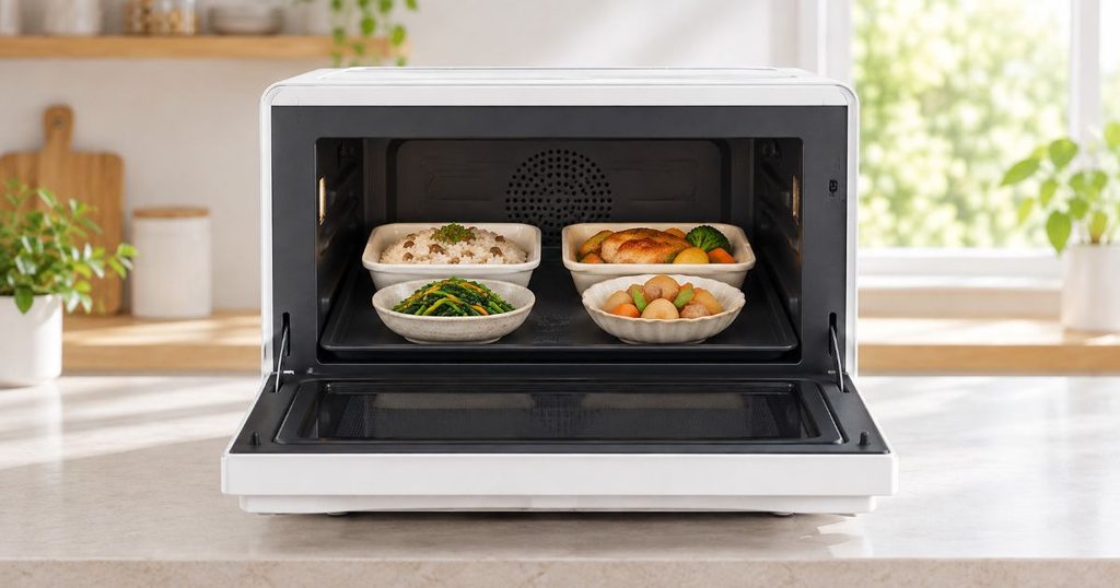 オーブンレンジ庫内に4品の料理を並べたイメージ