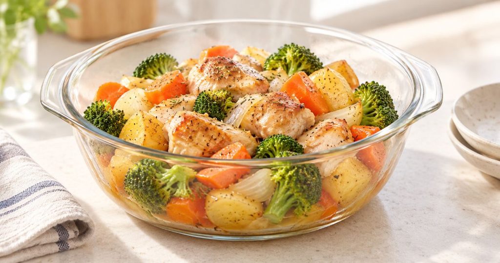 耐熱ガラスボウルに入った鶏肉と野菜の料理