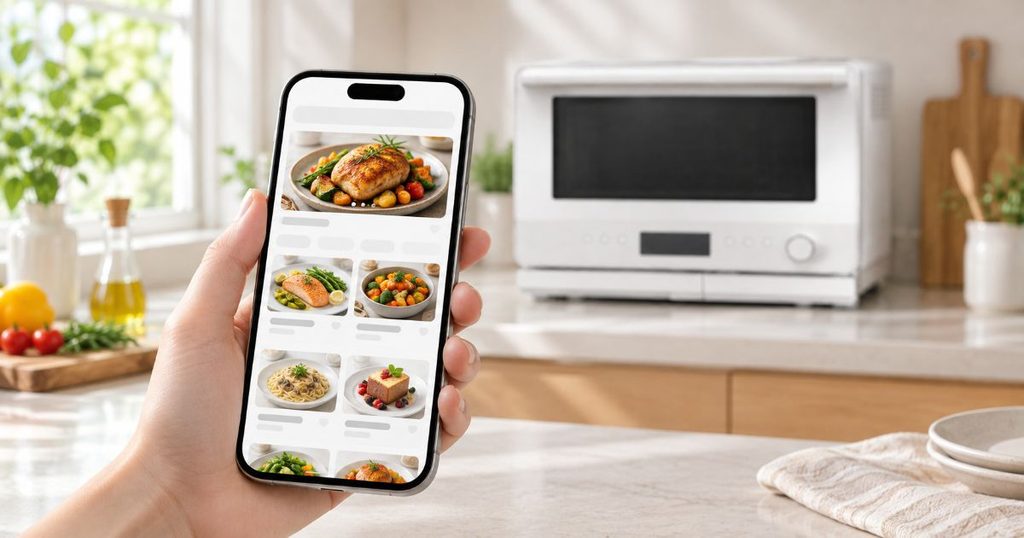 レシピ画面を表示したスマートフォンとオーブンレンジ