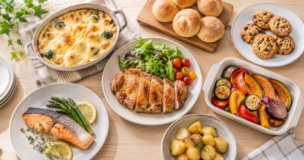 肉料理や魚料理、グラタン、パン、焼き菓子を並べた俯瞰写真