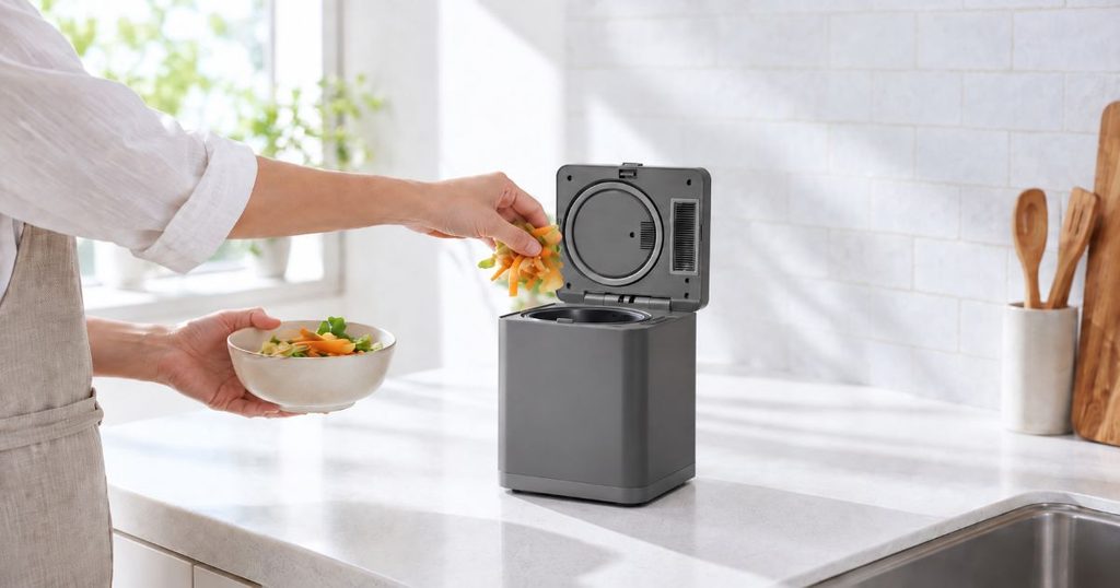 MS-N25に少量の野菜くずを投入する手元