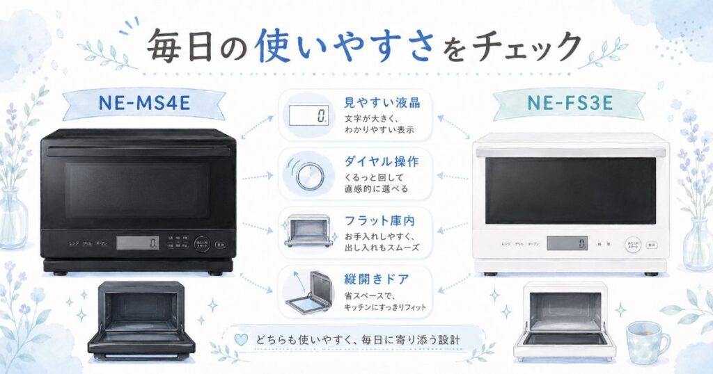 NE-MS4EとNE-FS3Eの使いやすさを液晶、ダイヤル、庫内、ドアで比較した画像