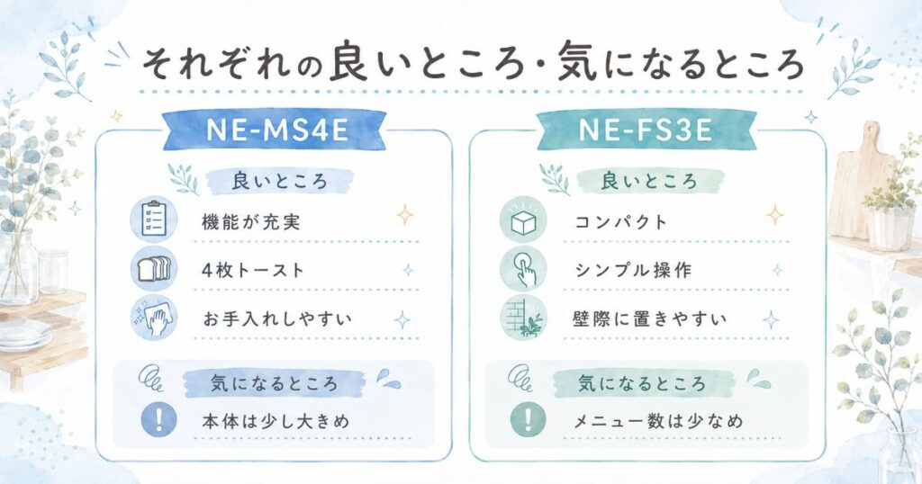 NE-MS4EとNE-FS3Eの良いところと気になるところを整理した比較画像