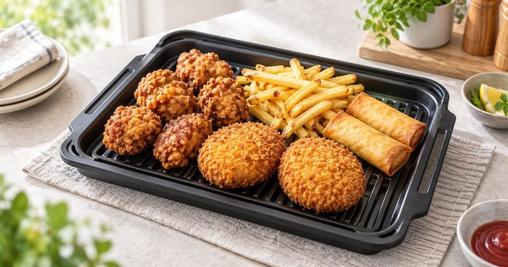 ヒートグリル皿に並べた揚げ物とフライドポテト