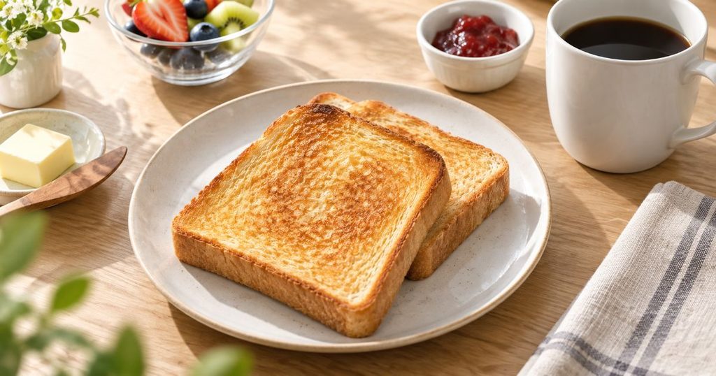 こんがり焼けた2枚のトーストと朝食