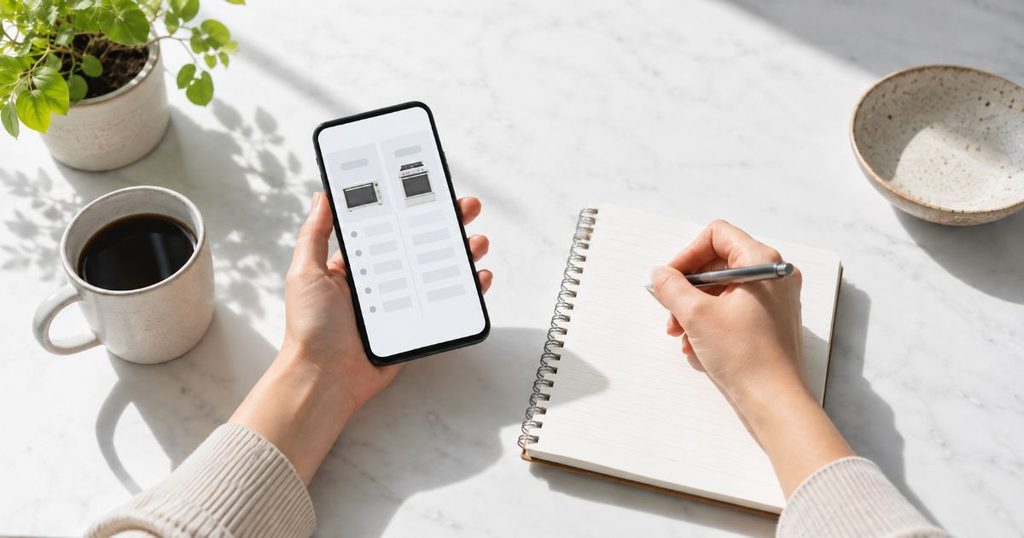 スマートフォンでオーブンレンジを比較しながらノートに書く手元