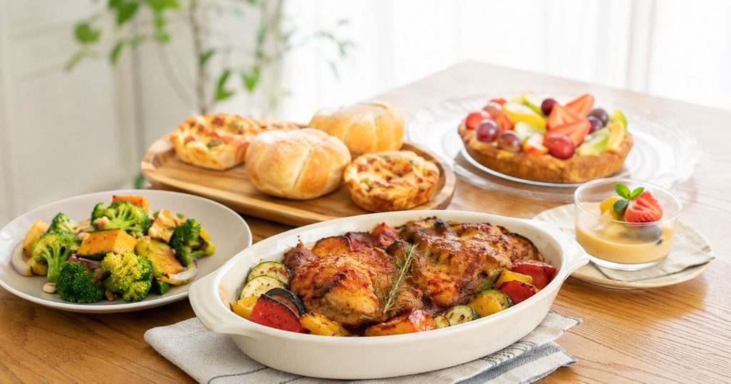 肉料理や野菜料理、パン、スイーツが並ぶ食卓