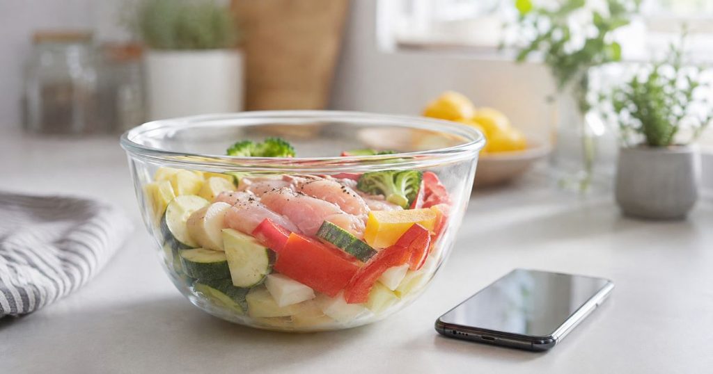 鶏肉と野菜を入れた耐熱ボウルとスマートフォン